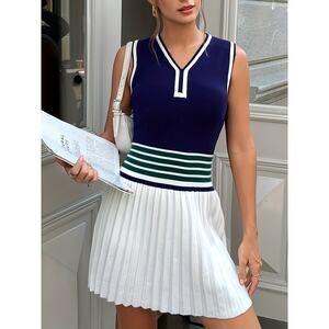 NWT OYROSY Knit V-neck Solid Pleated Mini Dress Sporty Golf Tenniscore Casual L